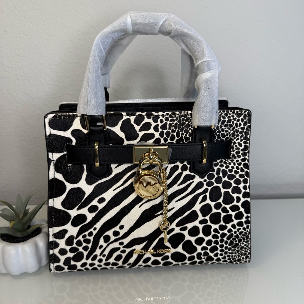 MICHAEL KORS Hamilton Small Satchel Black Leather Calfhair Handbag NWT